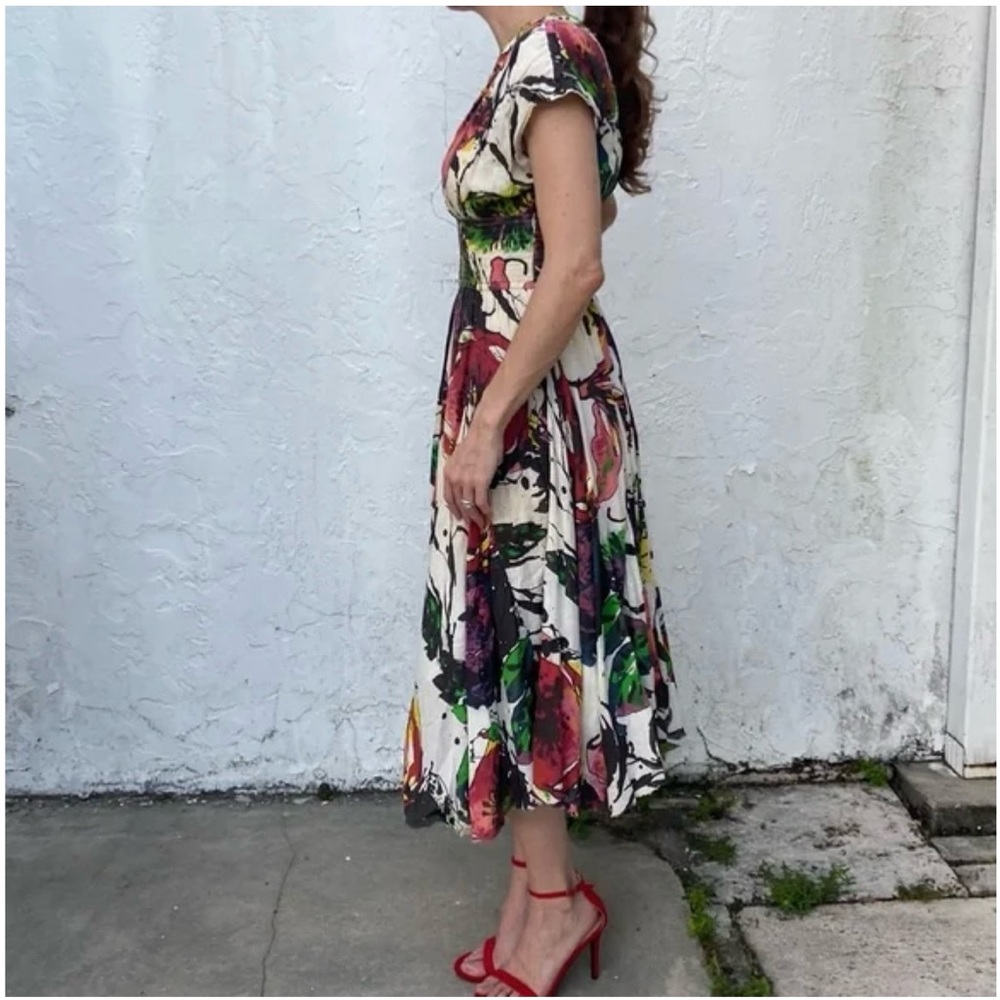 Sandy Starkman Artsy Beaded Colorful Watercolor Floral Cotton Dress 1X Vintage - Picture 2 of 15
